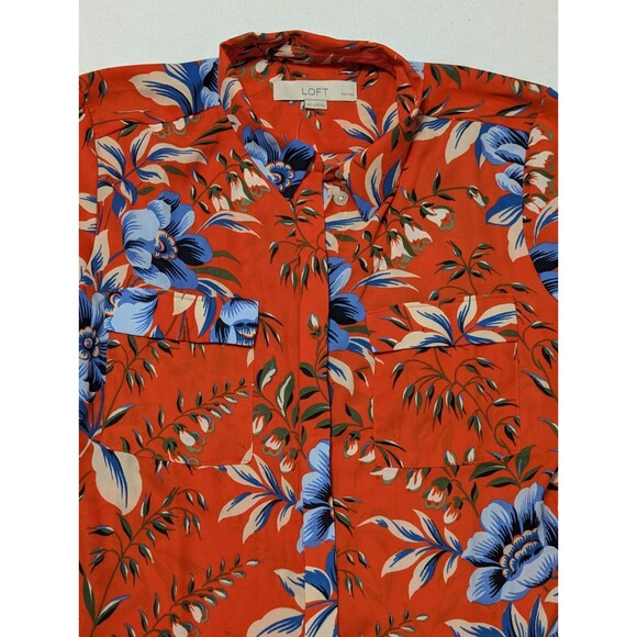 Ann Taylor LOFT Orange Floral Roll Up Sleeve Blouse Sz MP Petite Hidden Buttons - Picture 3 of 11